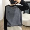 Korean Version Contrasting Color Shoulder Sleeves Cashmere Feel Warm Embroidery Crew Neck Sweater Knitted Sweater Women's Autumn and Winter