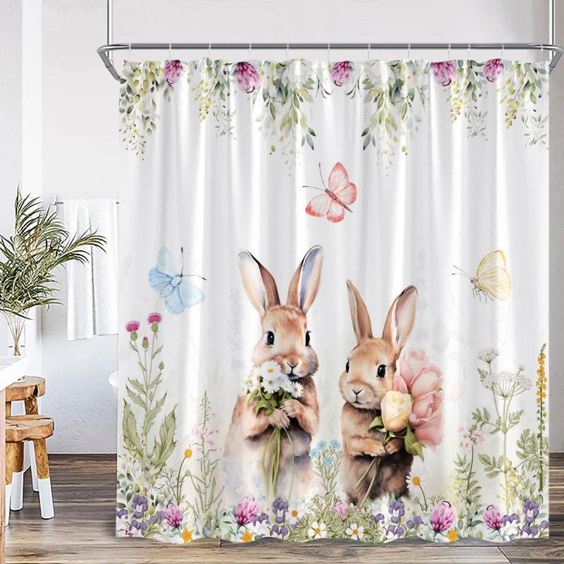 Shower Curtain, Easter Bunny Egg Waterproof Polyester Bathroom Curtain With Hooks, Spring Rabbit Dog Holiday Decor Bath Curtain