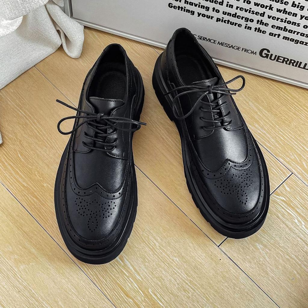 Men's leather shoes cowhide dress trendy shoes black versatile casual business Korean version trendy British Block engraved men's shoes