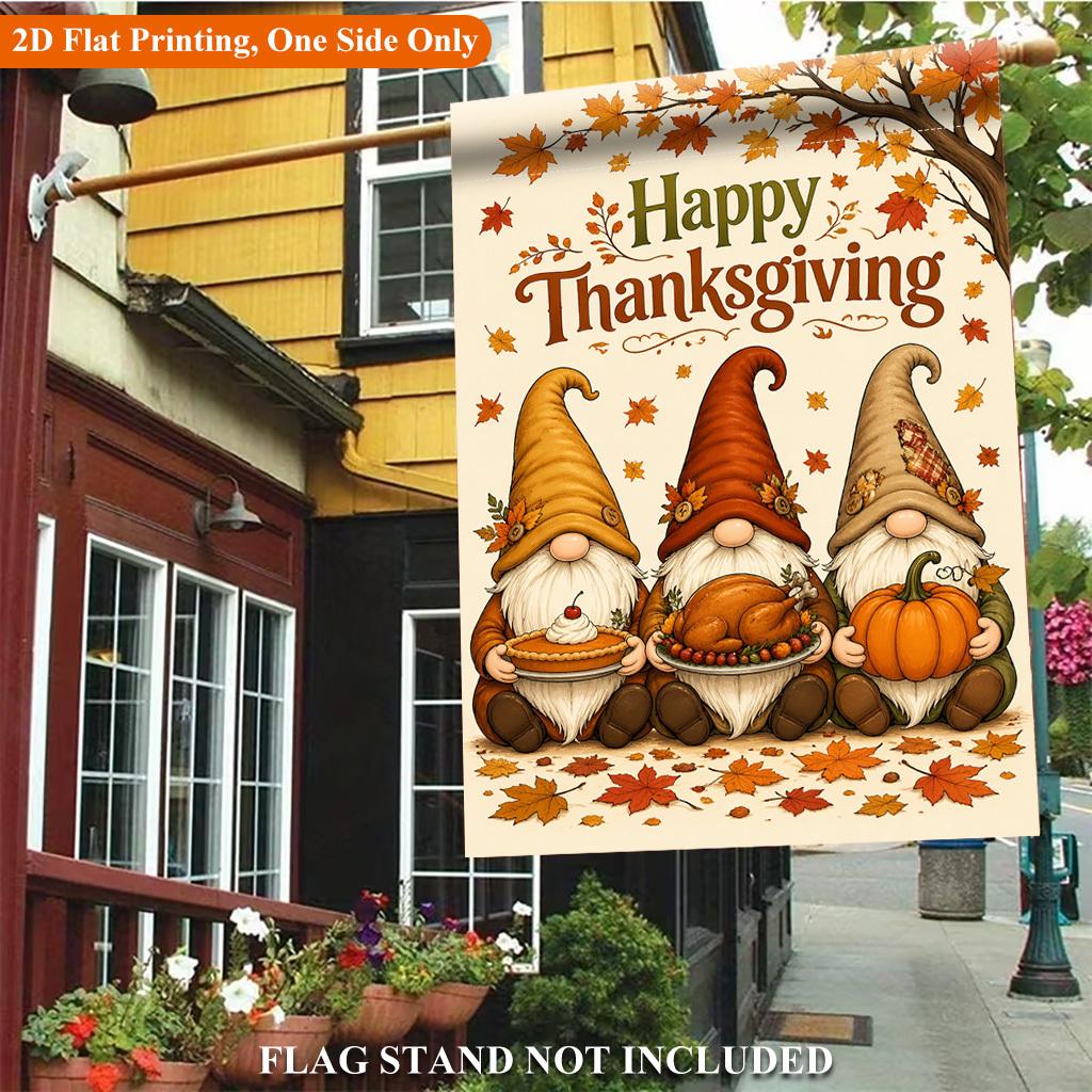 Three Gnomes Celebrate Thanksgiving Single Sided Garden Flag - Single-Sided, Polyester, Outdoor Yard Decor