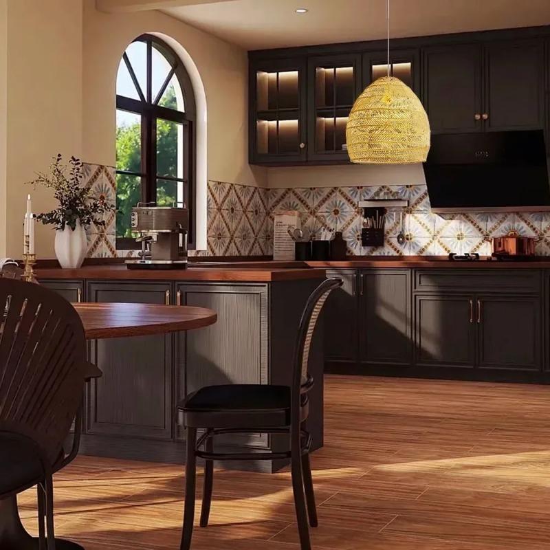 Natural Rattan Wicker Pendant Light Fictures Chinese Style Round Hanging Lamp Apply for Living Room Kitchen Decorative Lighting