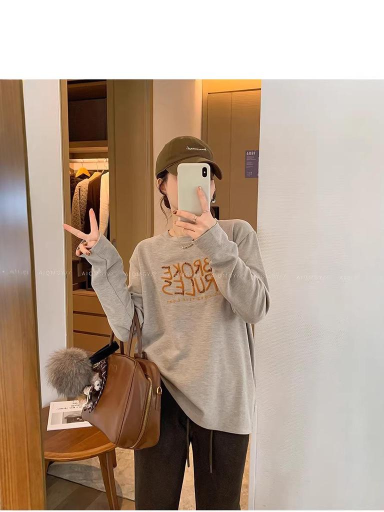 Women's 2025 Winter Round Neck Letter Embroidery Long Sleeve T-Shirt – New Fashionable Loose and Versatile Top