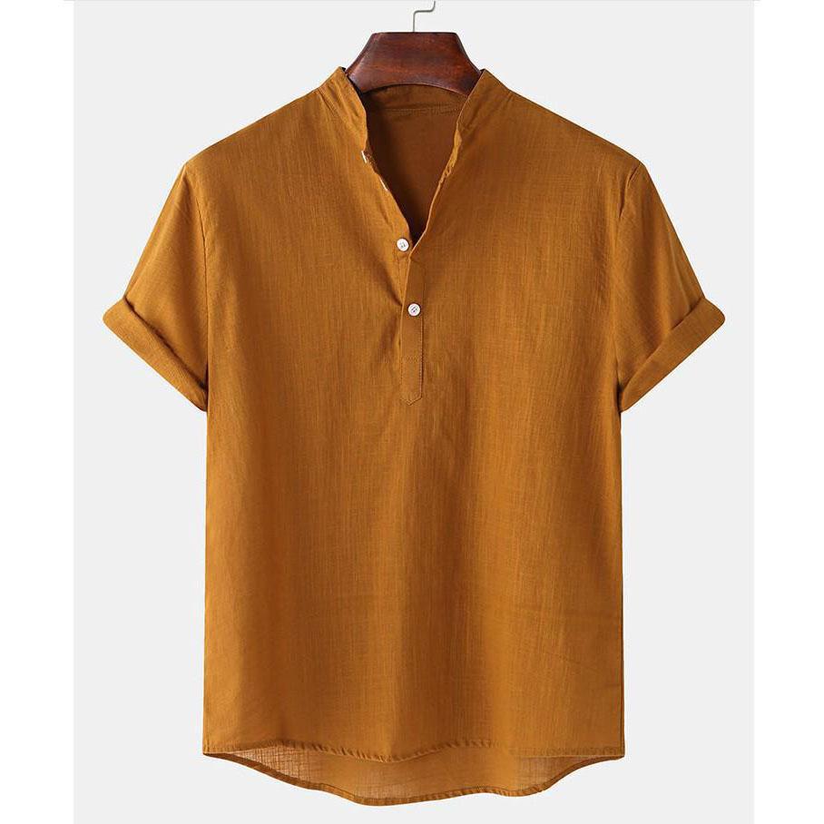 Men's  Summer Polo Shirt Cotton Linen Two Button Striped Men's Sports Polo