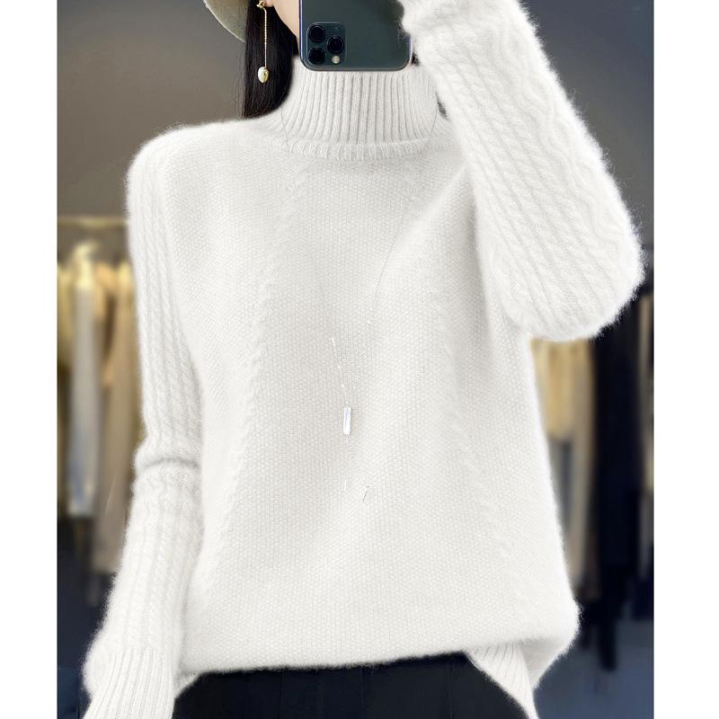 Women's 100% Pure Wool Half-High Collar Knit Sweater for Autumn and Winter