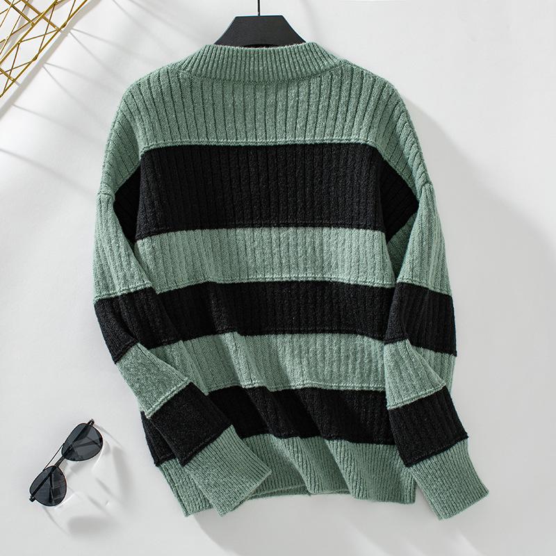 Осень-зима Винтажный свободный длинный рукав с капюшоном свитер в полоску трикотажный — фото 5