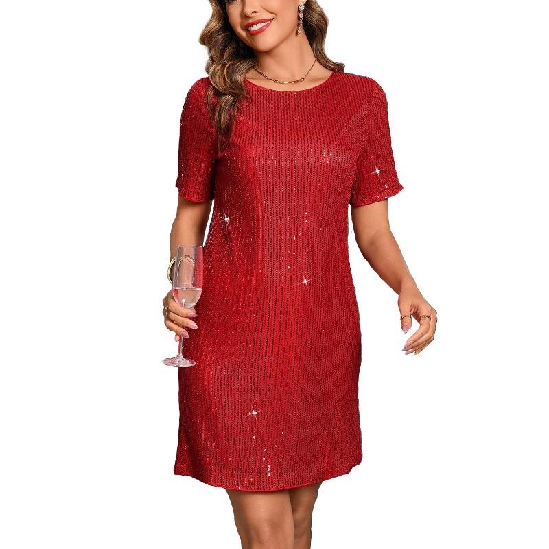 

Весна-лето Женское модное платье с короткими рукавами и пайетками Платье Платье L красный
