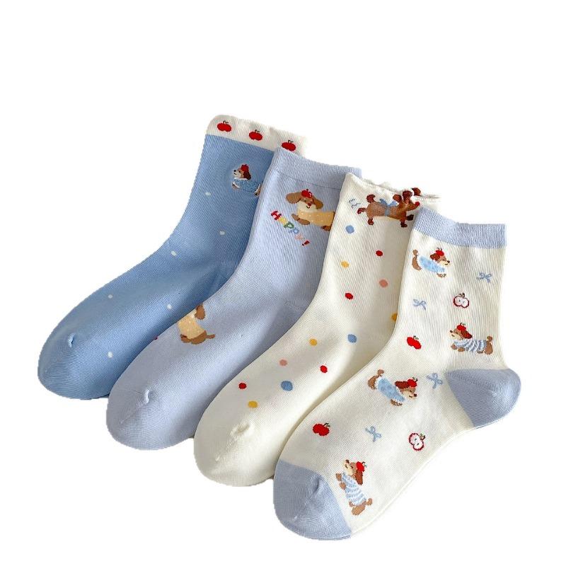 2 Pairs of Autumn Socks - Short Socks for Children, Trendy and Versatile, Cute Sausage-shaped Dog, Sweet Student Cotton Socks, Long Socks