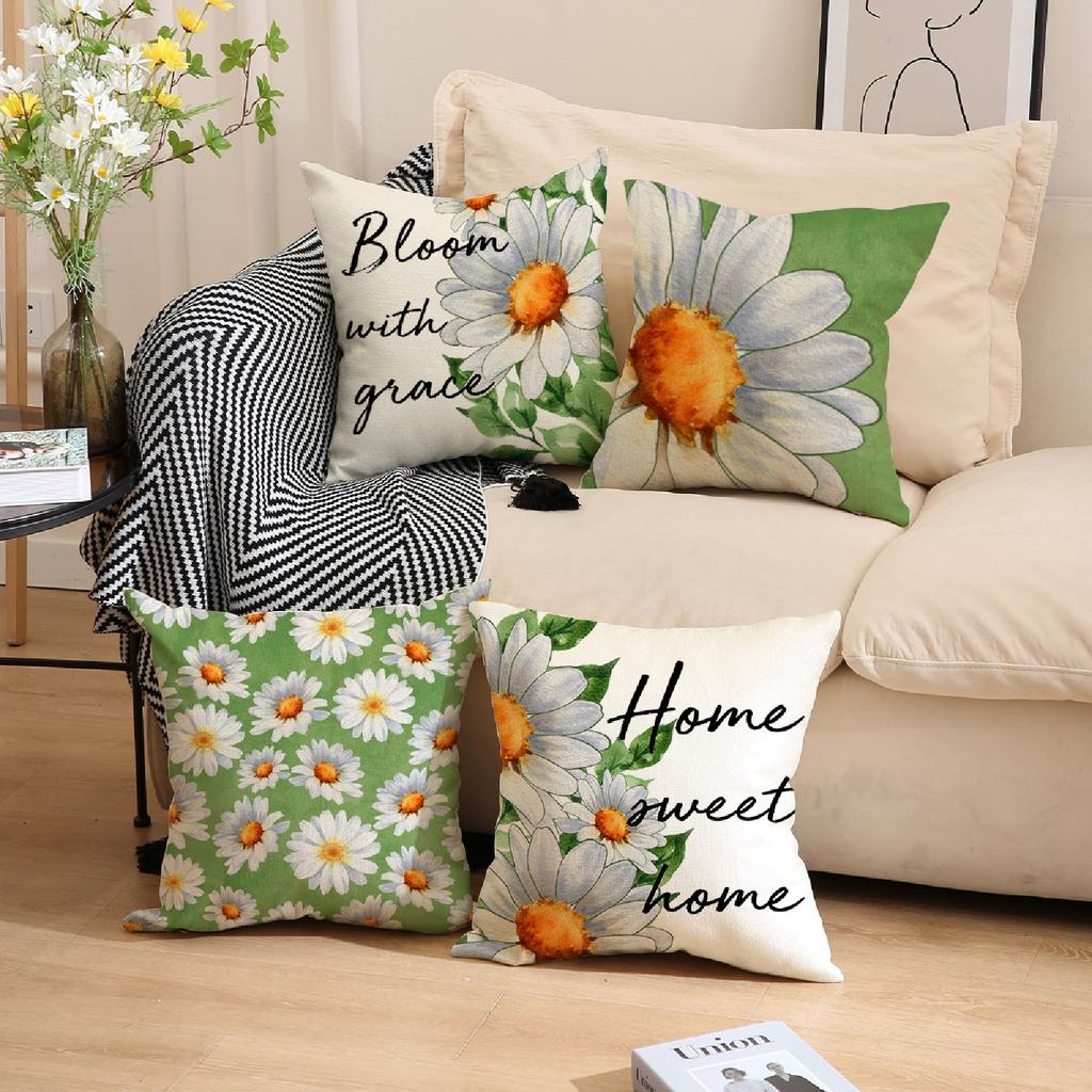 Linen Throw Pillow Cover with Daisy Floral Print and Home Sweet Home Text 45x45cm Decorative Cushion Case for Sofa Bed Living Room