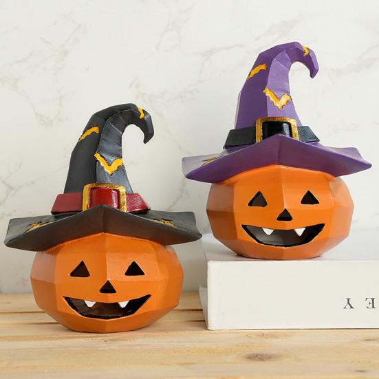 Halloween Ornament Pumpkin Wearing Witch Hat Shape Statue Indoor Outdoor Decor Spooky Halloween Tabletop Decoration