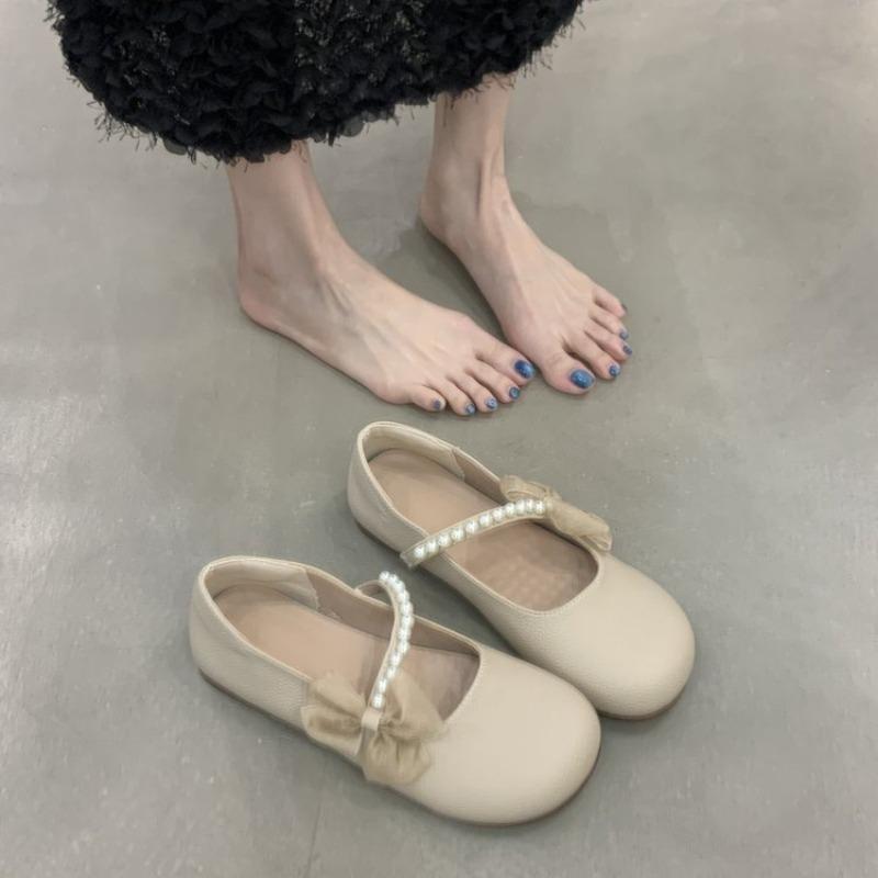 Fashion Hot Selling 2025 Spring New Lace Versatile Bow Flat Bottom Mary Sandal Women's Single Shoe Pearl One Step Soft Bottom with Skirt