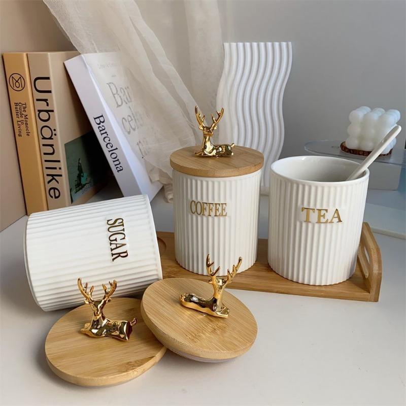 3 Piece Set European White Elk Storage Jar Set Creative Ceramic Candy Jar Home Vertical Pattern Nuts Snacks Herb Storage Bottle
