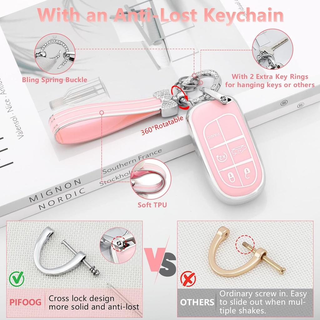 PIFOOG Pink Key Fob Cover for Jeep Cherokee Grand Cherokee Compass Renegade Bling Keychain 5 Buttons Car Keys Case Shell Full Covers Protector Girly