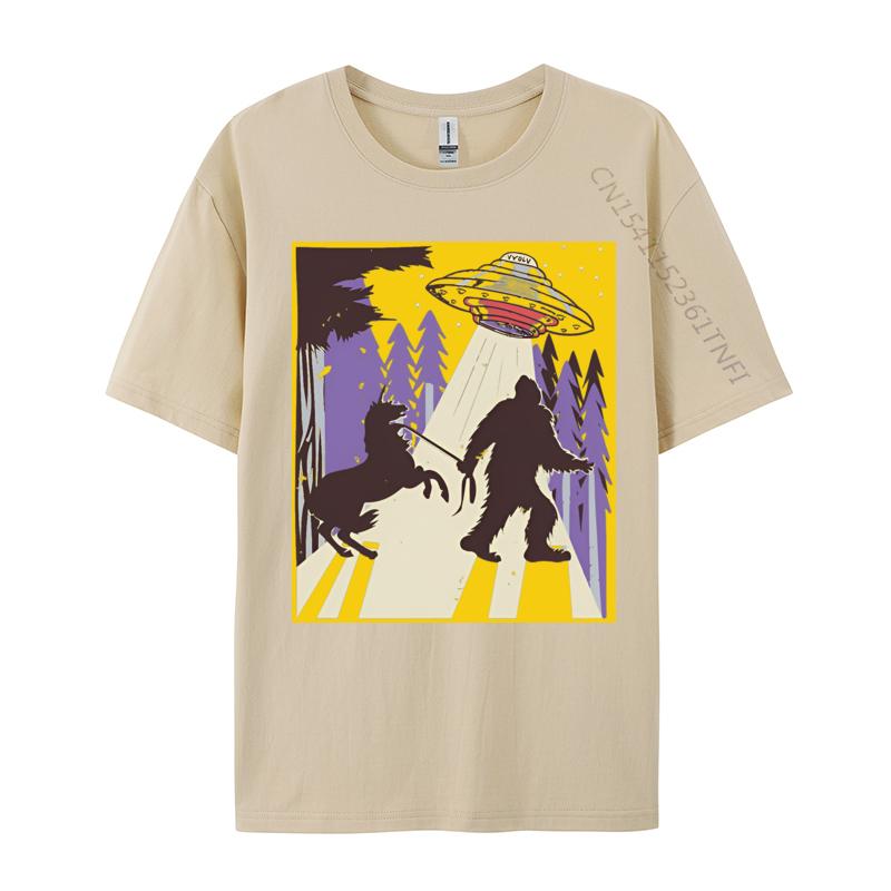 Men Clothing Bigfoot Leading A Unicorn And Ufo Tshirts Vintage Animal Tshirt Printed Tshirt Tops Tees