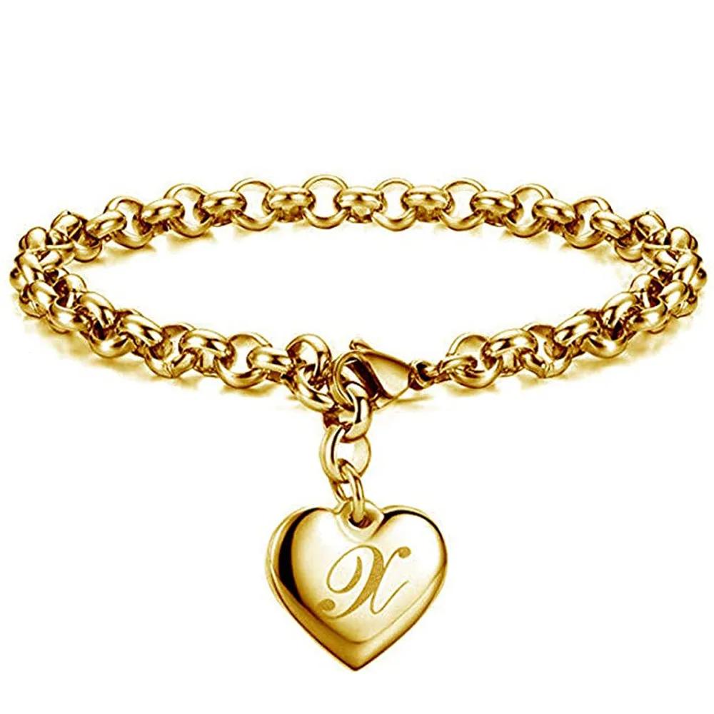 1 StückNeuer Goldfarbener Initialbuchstabe Herzanhänger Armbänder Für Frauen Edelstahl Gliederkettenarmband Mit 26 Buchstaben Graviert