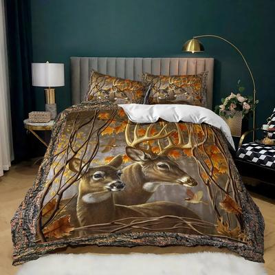 Tier-Bettbezug-Set, 2/3-teilig, Hirsch, Herbstwald, Blätter, Bettwäsche-Set, Wildtiere für Teenager, Queen- und King-Size-Bettbezug aus Polyester