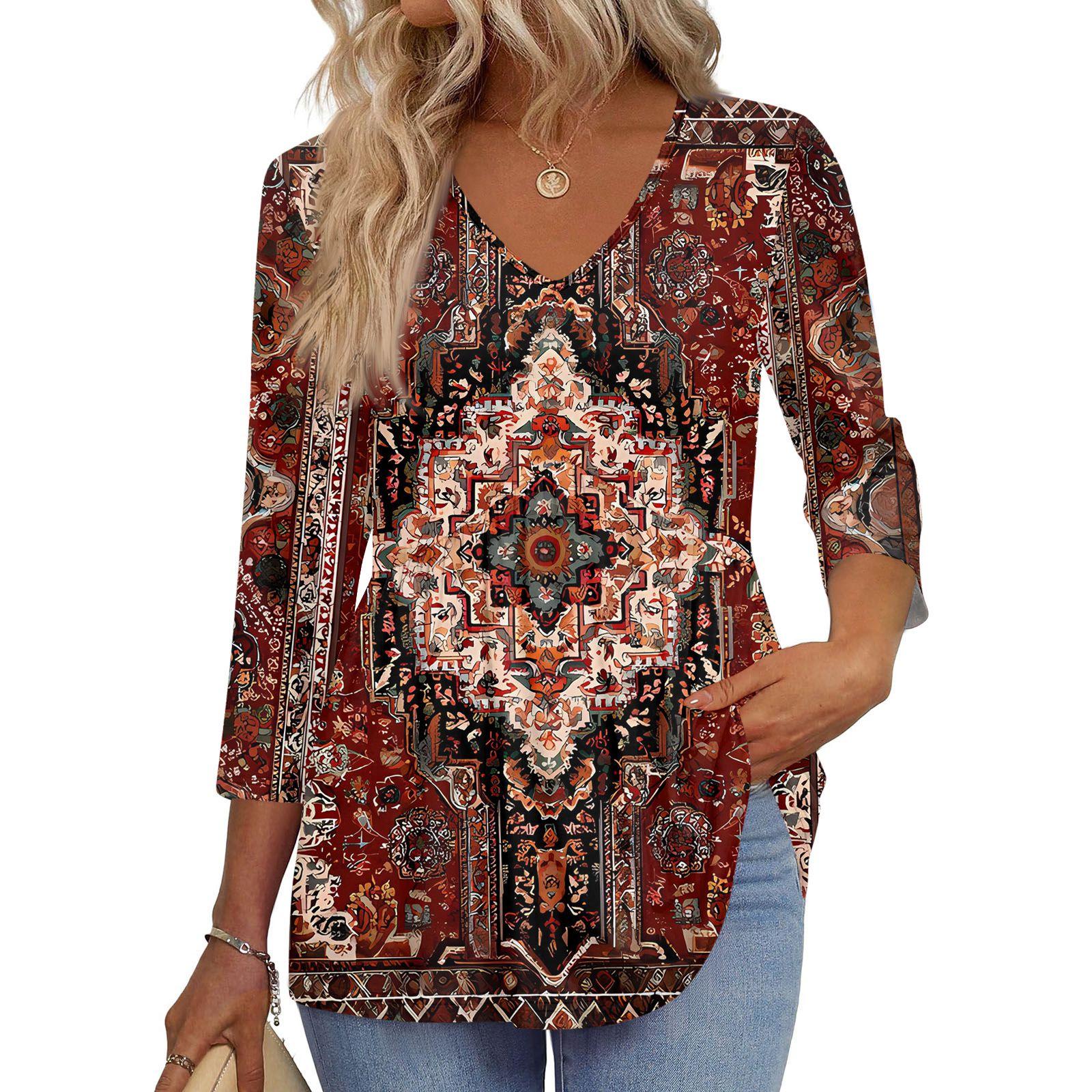 

Женская футболка с принтом, рукав 3/4, модная базовая, с V-образным вырезом, обычный топ L винный