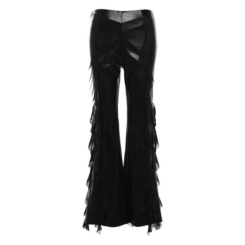 Leather Flared Pants High Waist Street Fashion Sexy Mesh Patchwork Design PU Leather Bootleg Pants