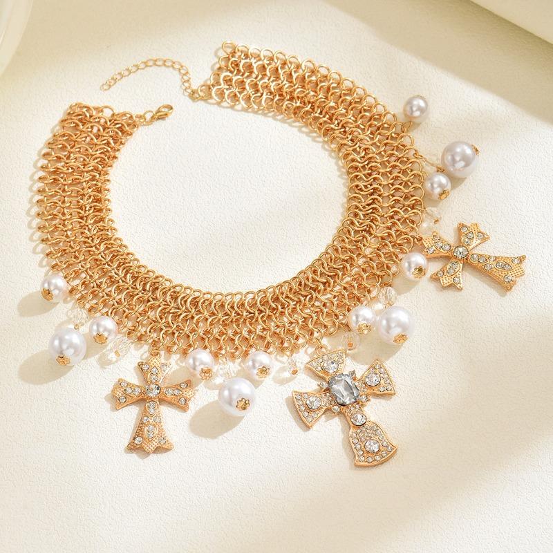

Жемчужное ожерелье-крест, нишевая бижутерия класса люкс, металлическое колье, преувеличенная цепочка на ключицу для женщин