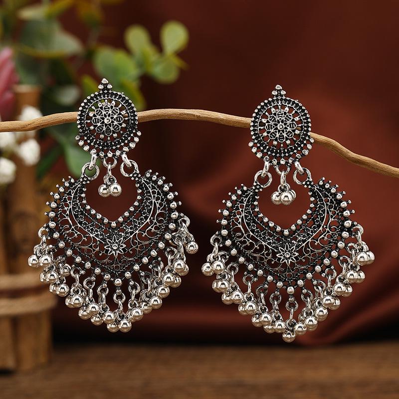 Bohemian Ethnic Heart Stud Earrings: Long Bell Vintage Style for Women