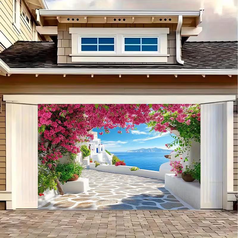 Summer Greek Island Backdrop Cobblestone Path Bougainvillea Blue Sea Photography Background
