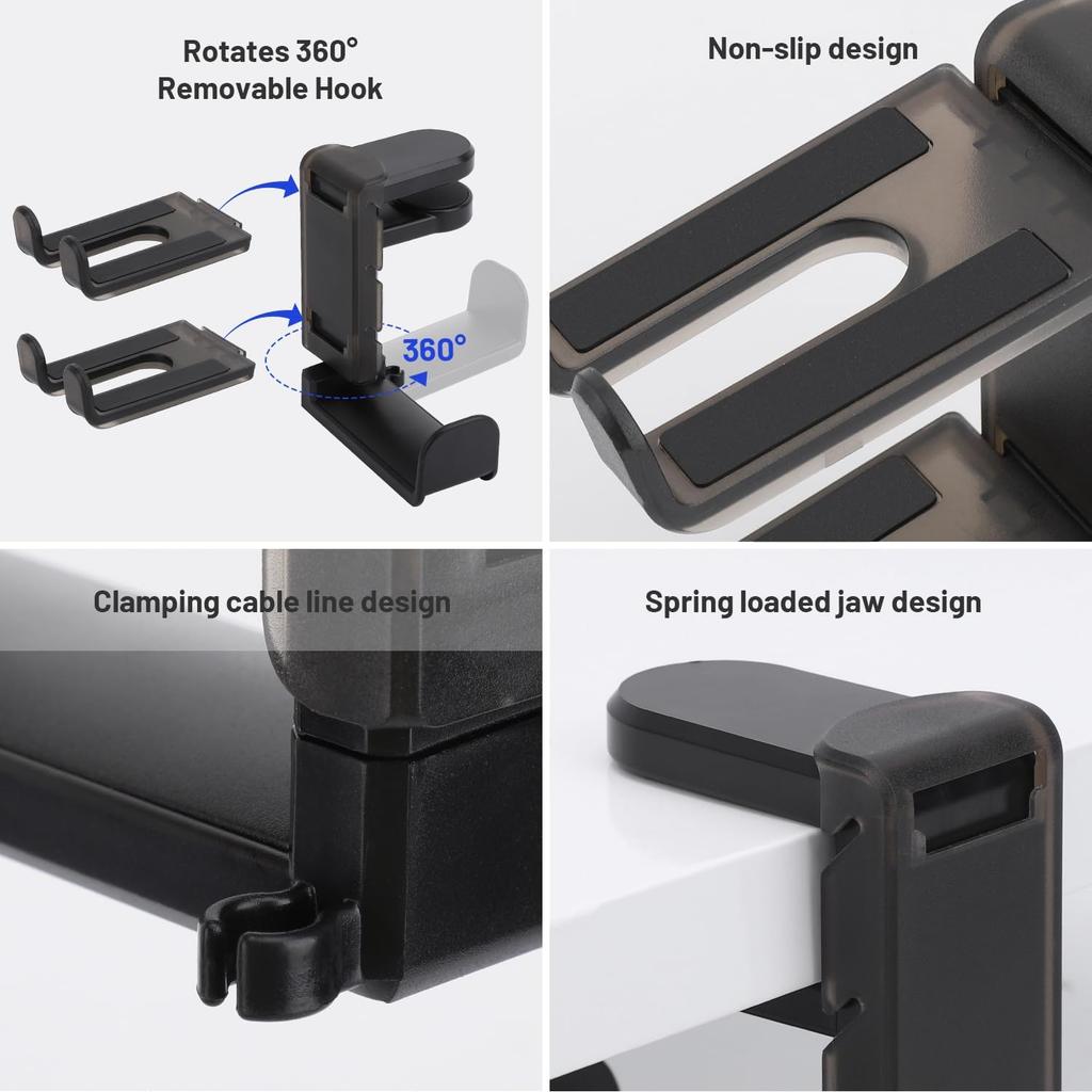 3-in-1 No Punch Table Clip Hook Headphone Holder 360° Rotating Controller Holder Miscellaneous Storage Hanging Hooks