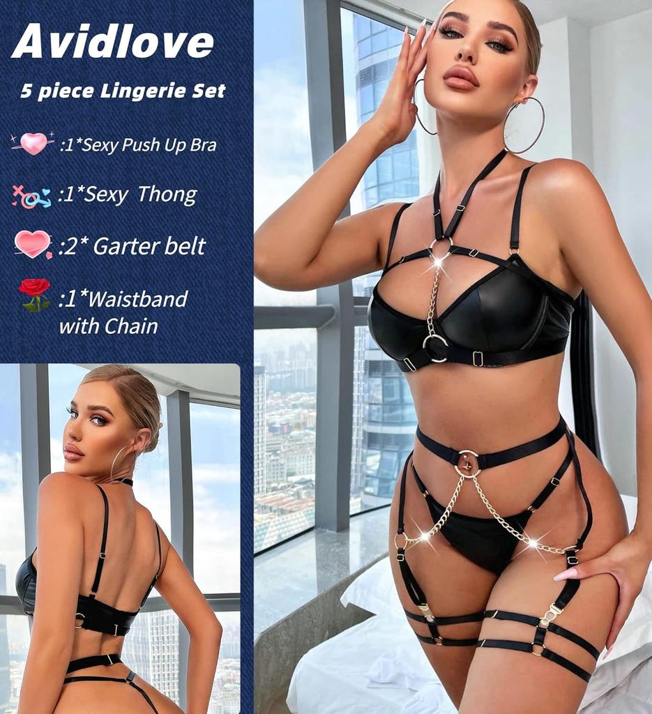 Avidlove Lingerie Set for Women Sexy Strappy 5 Piece Lingerie Garter with Underwire Push Up Bra and Chain