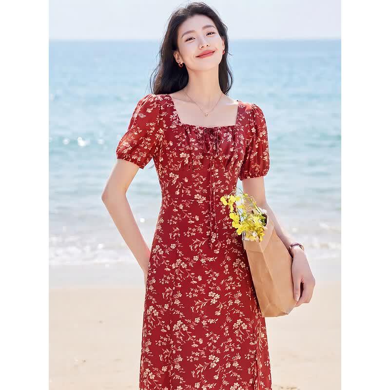 Chushen Women s Floral Print Side Slit Midi Dress L