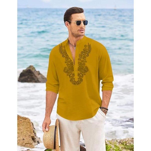 Kort herrkurta i bomullsblandning med långa ärmar och etnisk halsringning | Avslappnad kurta med skrynklig textur och mandarinkrage