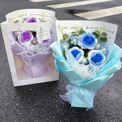 Hand-Knitted Crochet Flowers Bouquet  Mother'S Day Gifts Finished Crochet Bouquet With Gift Bag Graduation Birthday Gifts