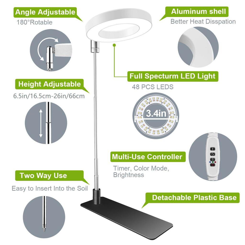 Xiaomi LED Ring Grow Lights, Full Spectrum Halo Growing Lamp with Stand Base 3/6/12H Timer, White Plant Light for Small Indoor Growing