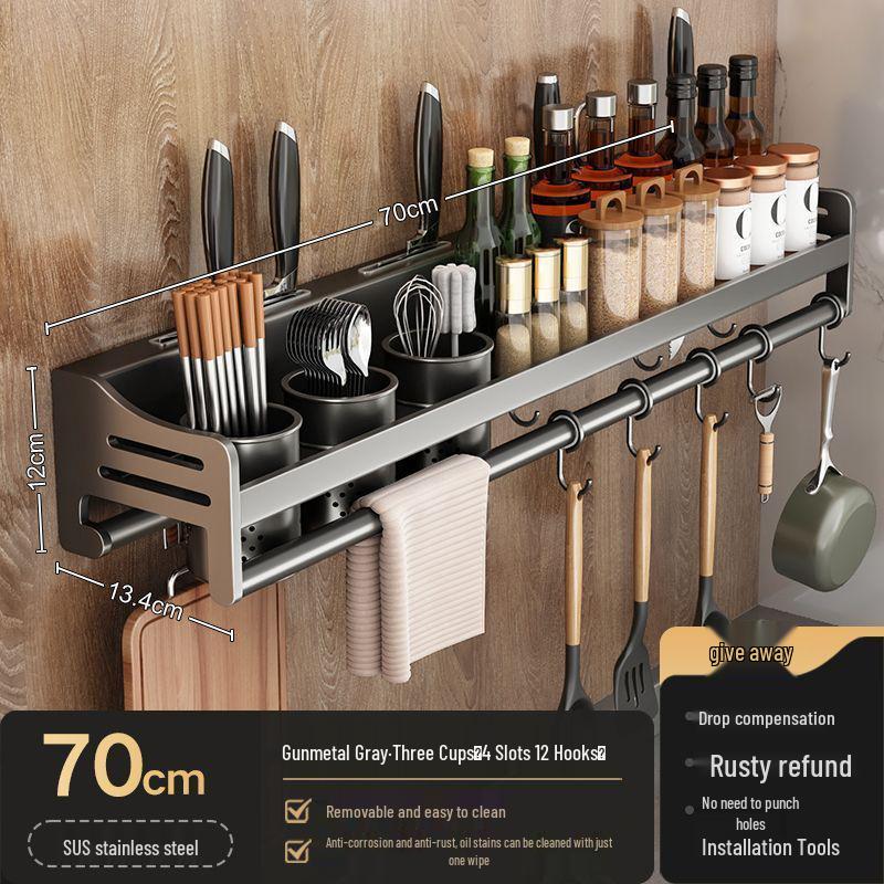 Stainless Steel Wall-Mounted Kitchen Rack with Chopstick, Knife, and Spice Storage