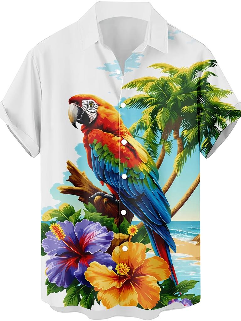 Tropical Parrot Pattern 3D Print Men'S Fashion Casual Shirt Individual Hip-Hop Rock Party Street Hawaiian Shirt Men'S Summer Clothing