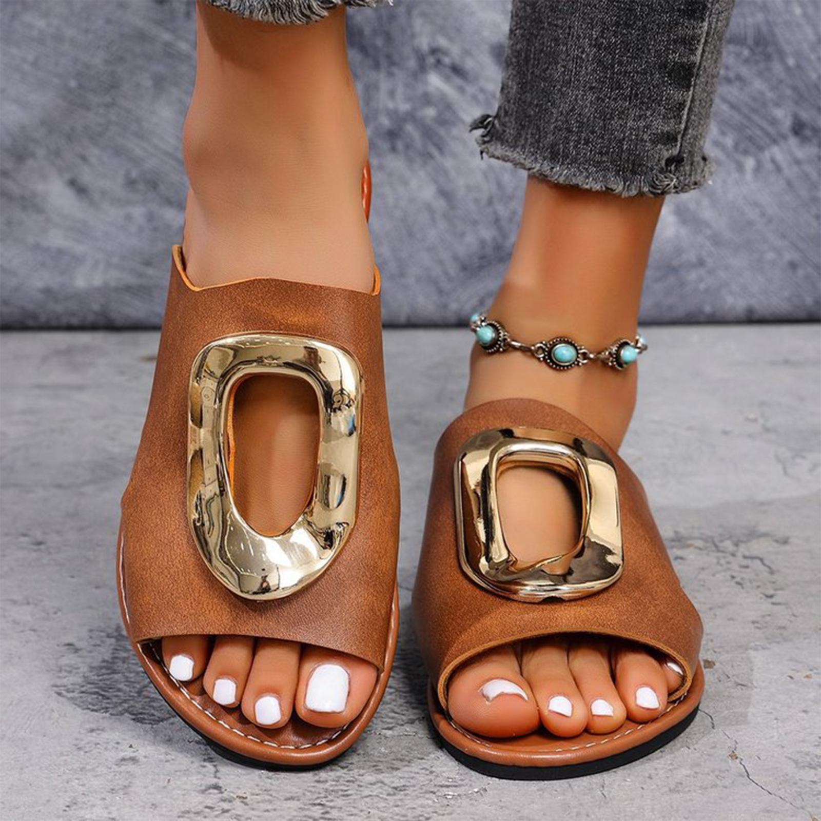 Women s summer metal buckle flat bottomed beach shoes with a straight strap 36