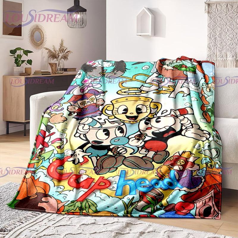 Cuphead and Mugman Print Throw Deka Kreslená hra Měkký plyšový fleece Lehká pohovka Funny Halloween Friend dárek