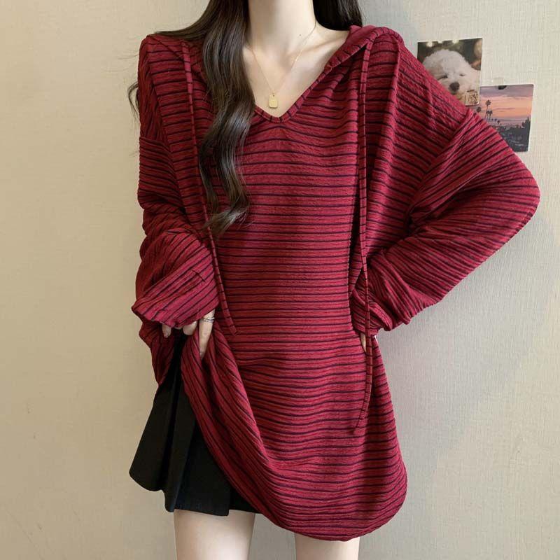 Korean Striped Hooded T-shirt Loose Commute Drawstring Spring Autumn Casual Basic Long Sleeve Pullovers