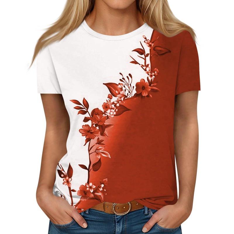 

Летняя мода Цветочный колор-блок с принтом Женская футболка с круглым вырезом и короткими рукавами 6xl