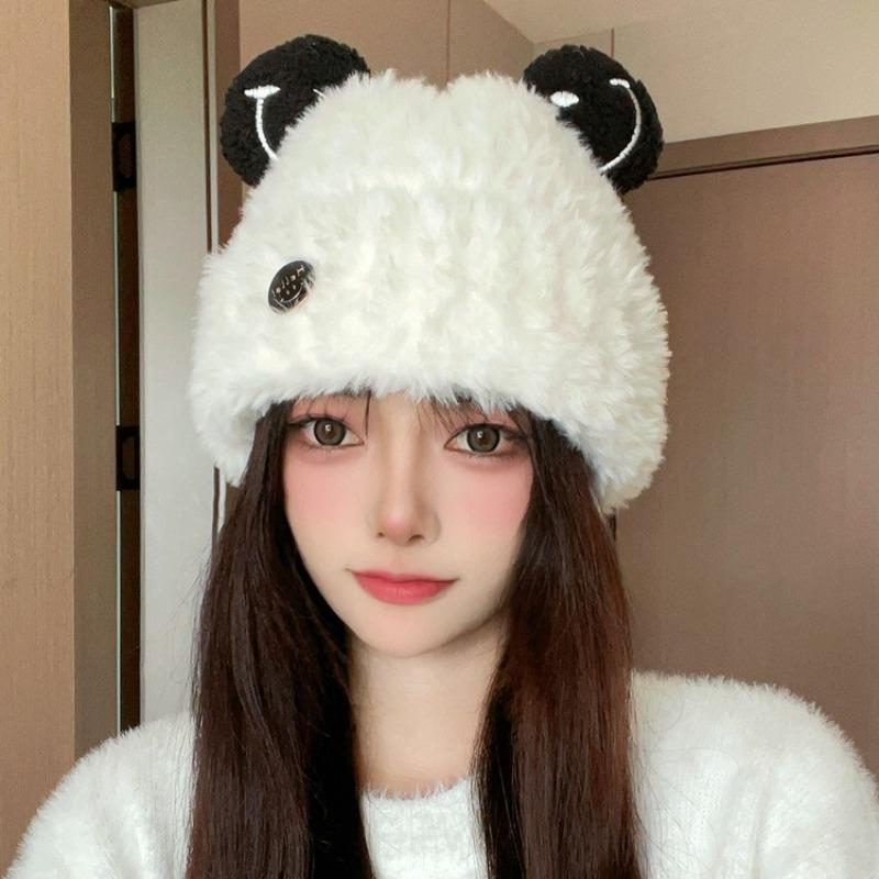 Cute Bear Plush Hat Female Thermal Knitted Hat Woolen Hat Big Head Circumference Autumn and Winter Student