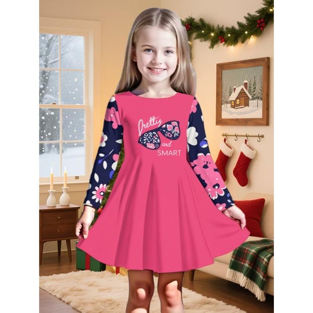 Girl Casual 3D Four-leaf Clover Print Round Neck Long Sleeve Dress Kid Princess Dress