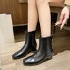 Botins de Salto Baixo Outono Primavera Novo Bico Quadrado Zíper Traseiro Costurado Solado Macio Antiderrapante Botas Skinny