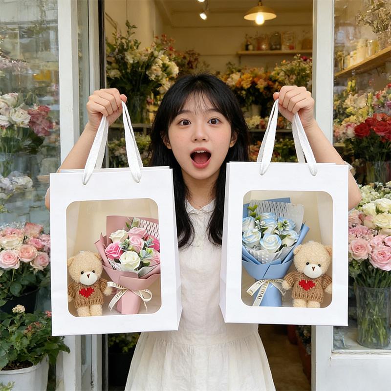 Artificial Rose Soap Flower Bear Bouquet Gift Bag Valentine'S Day Wedding Flower Bouquet Lovers Gifts Finished Producted
