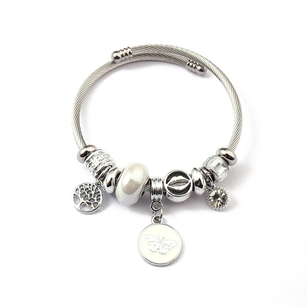 Simple Fashion Stainless Steel Bracelet With Crystal Bead Pendant Unisex Jewelry