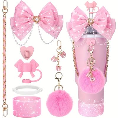 [Pink Bow Tumbler] Valentine's Day Elegant Pink Bow Tumbler Accessories | Sparkling Straw Topper, Faux Fur, Chain & Heart Dangle Charms