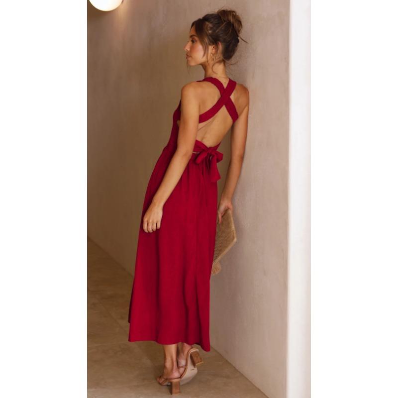 VEZFAA Women's Fashion Summer Spring Solid Color Print Sleeveless Suspenders High Waist Casual Dresses