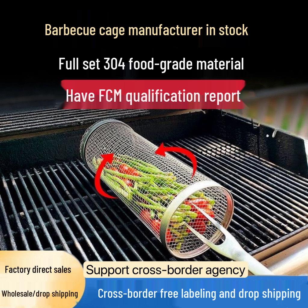 Rolling BBQ Cage: Outdoor Grill Basket with Wooden Handle, 304 Stainless Steel, Non-Infringing BBQ Cylinder Grill Net.