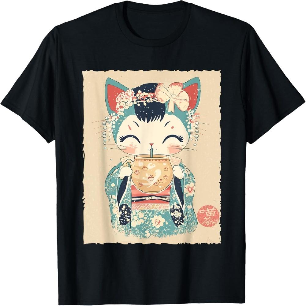 

Cute Kawaii Cat Kimono Bubble Tea Design T-Shirt XXXXXL чорний