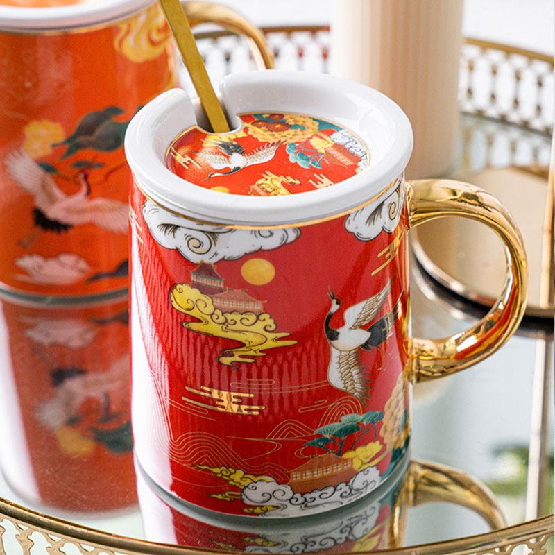 Creative National Tide Style Festive Mug With Spoon And Lid  Personality Ceramic Cup Chinese Style Couple Coffee Water Cup