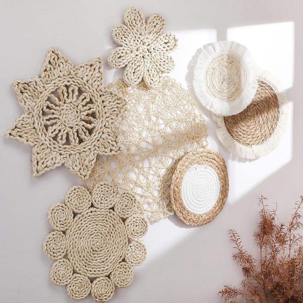 Boho Straw Woven Tray Wall Decor Macrame Round Basket Straw Wall Hangings Non Slip Heat Resistant Woven Coaster Placemat