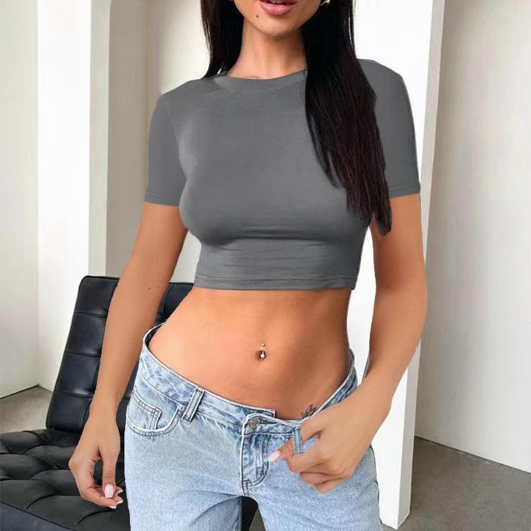 Spice Girl Solid Color Crew Neck Long Sleeve Button Top Slim Short Sexy T-Shirt Women