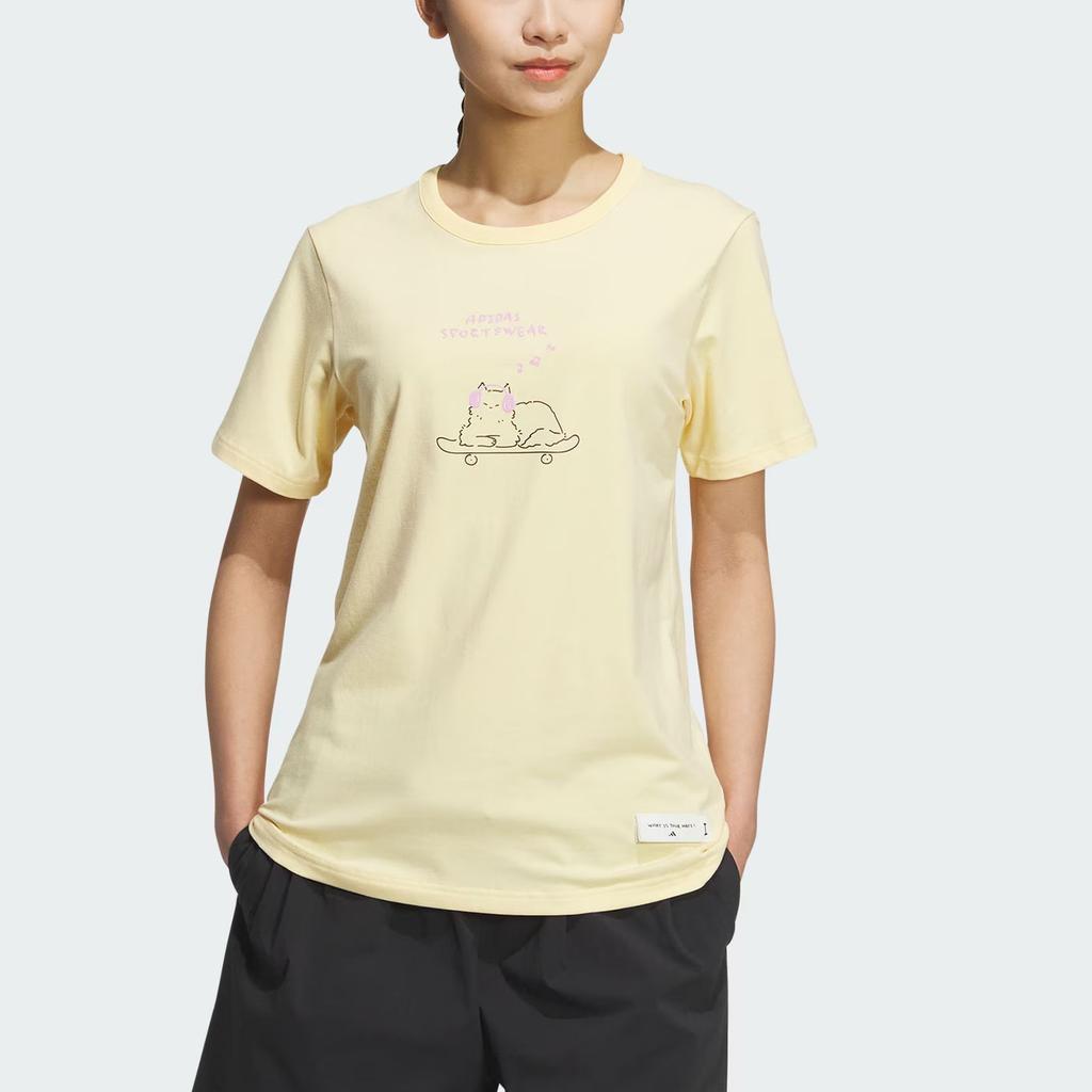 Adidas Graphic T-Shirt MBTI Series Round Neck Stretch Knit Comfortable Sports Casual Short Sleeve T-Shirt Women Tops Light-Orange-Yellow JN6662