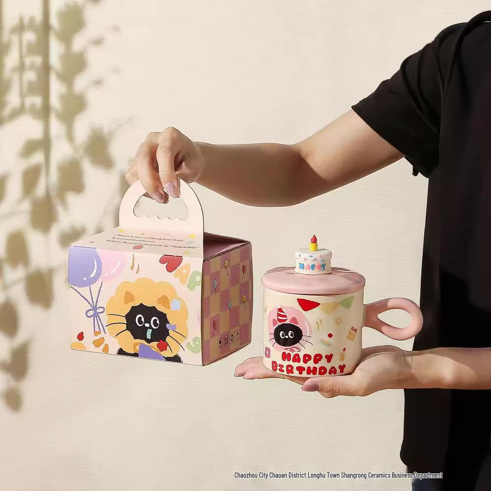 Birthday Cat Ceramic Mug - Cute Cake Design Coffee Cup Souvenir Gift